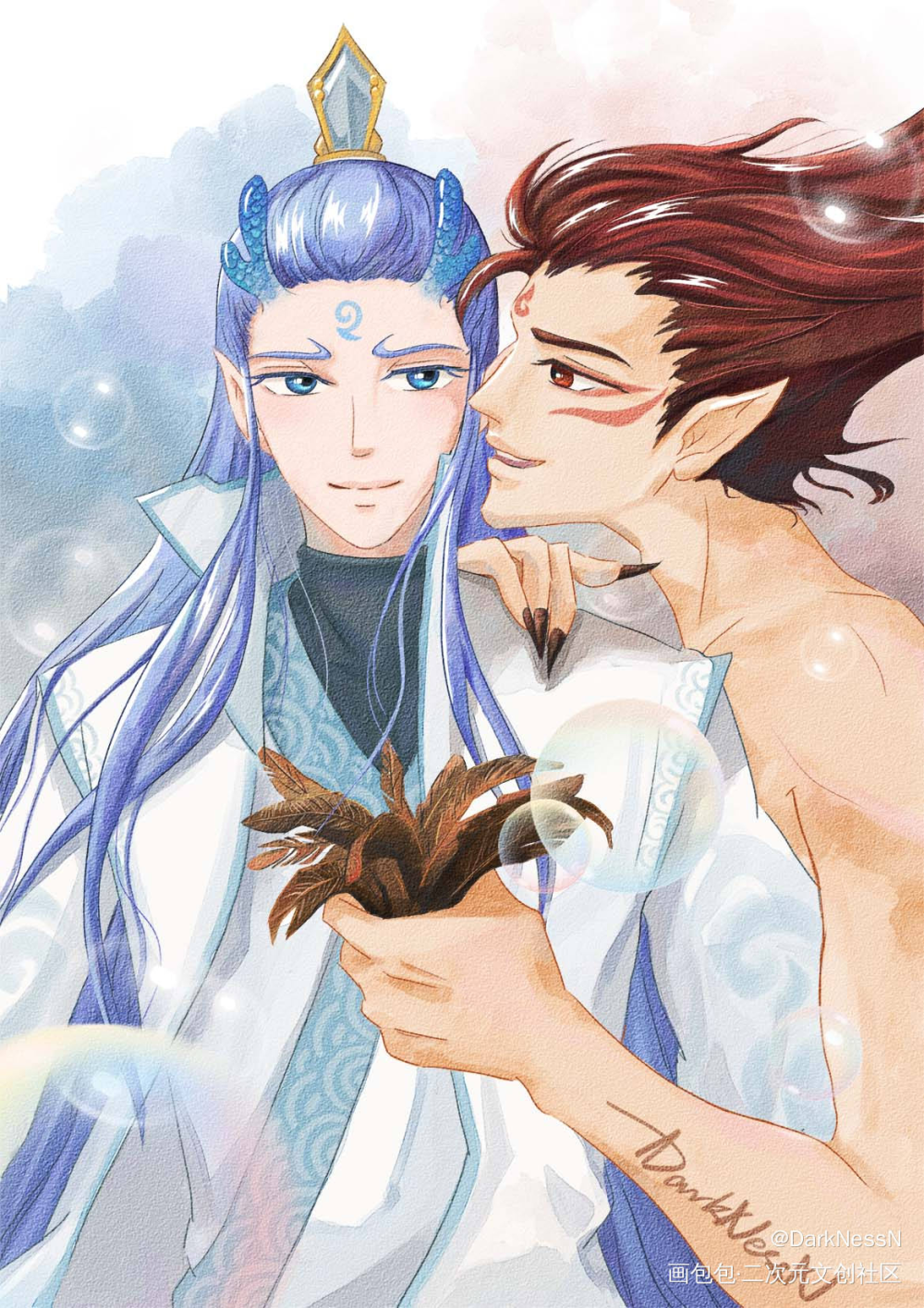 一毽钟情_哪吒之魔童降世饼渣藕饼敖丙哪吒水彩日系绘画作品