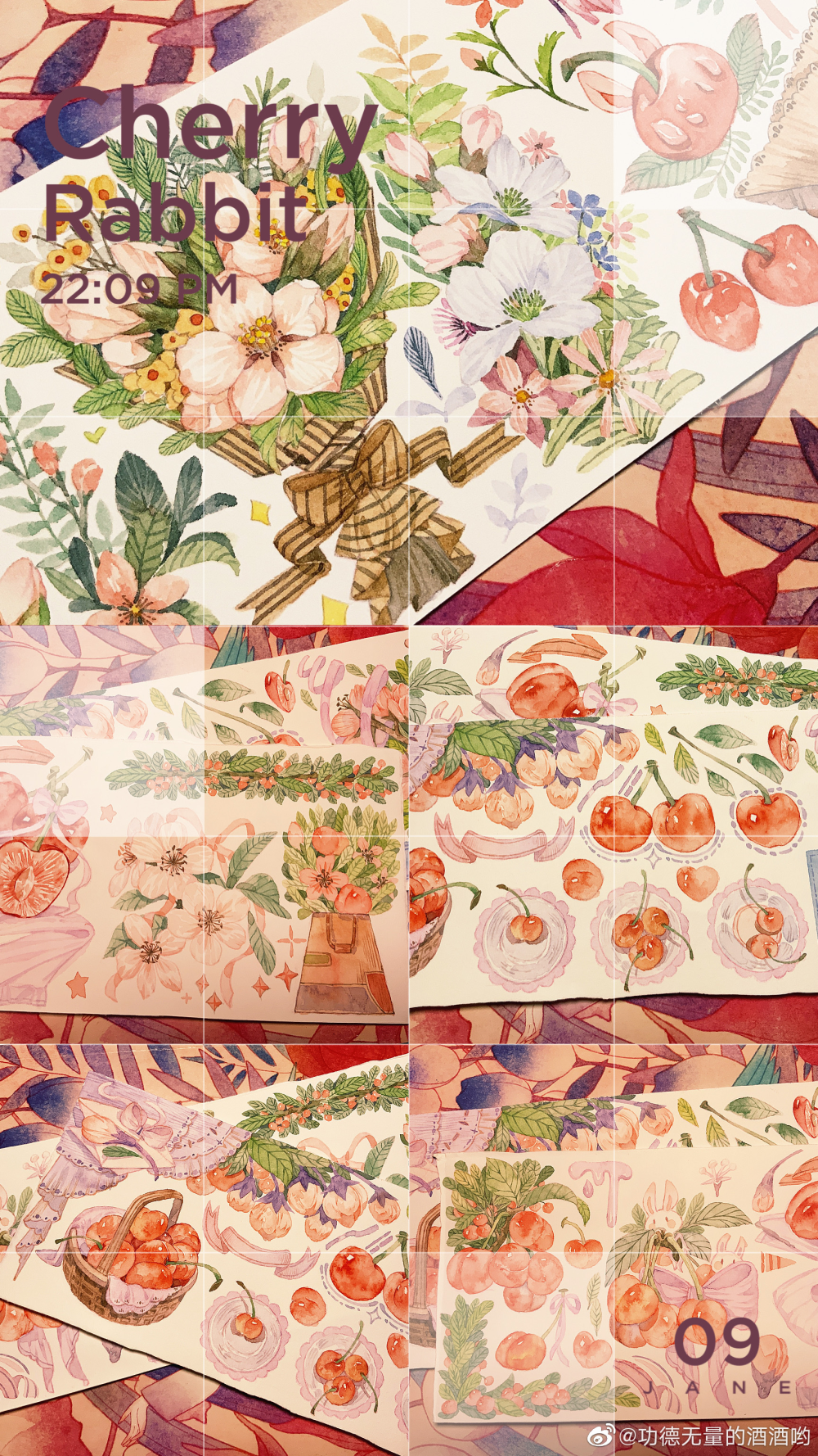 【酒】樱桃兔胶带_手绘水彩可爱风水彩纸胶带植物原创绘画作品