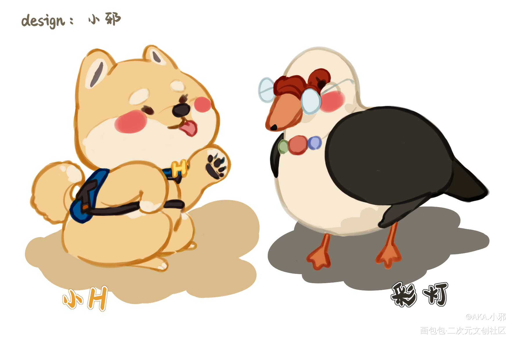 两只蓬松的小可爱_彩灯小H向往的生活绘画作品