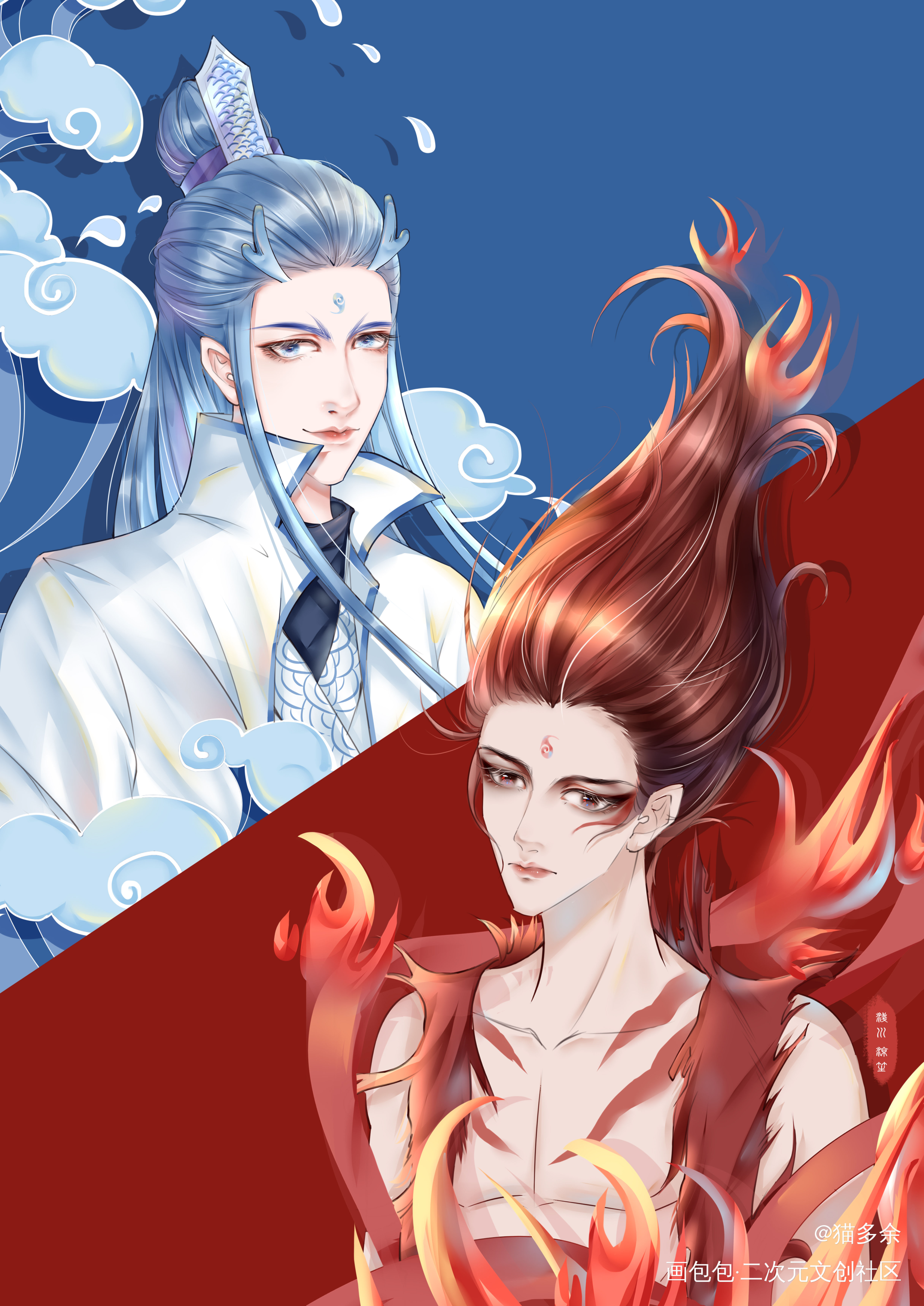 之前的摸鱼_敖丙哪吒日系头像同人绘画作品