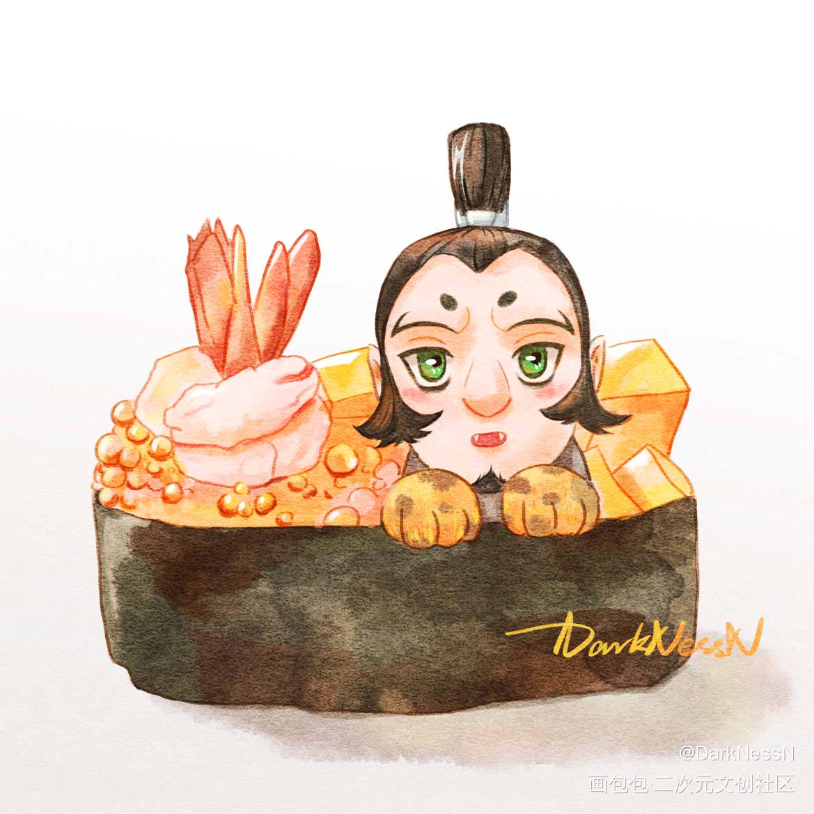 哪吒寿司小萌萌系列_哪吒之魔童降世申公豹太乙真人藕饼敖丙哪吒水彩Q版头像插画绘画作品