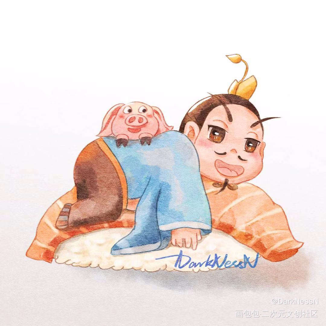 哪吒寿司小萌萌系列_哪吒之魔童降世申公豹太乙真人藕饼敖丙哪吒水彩Q版头像插画绘画作品