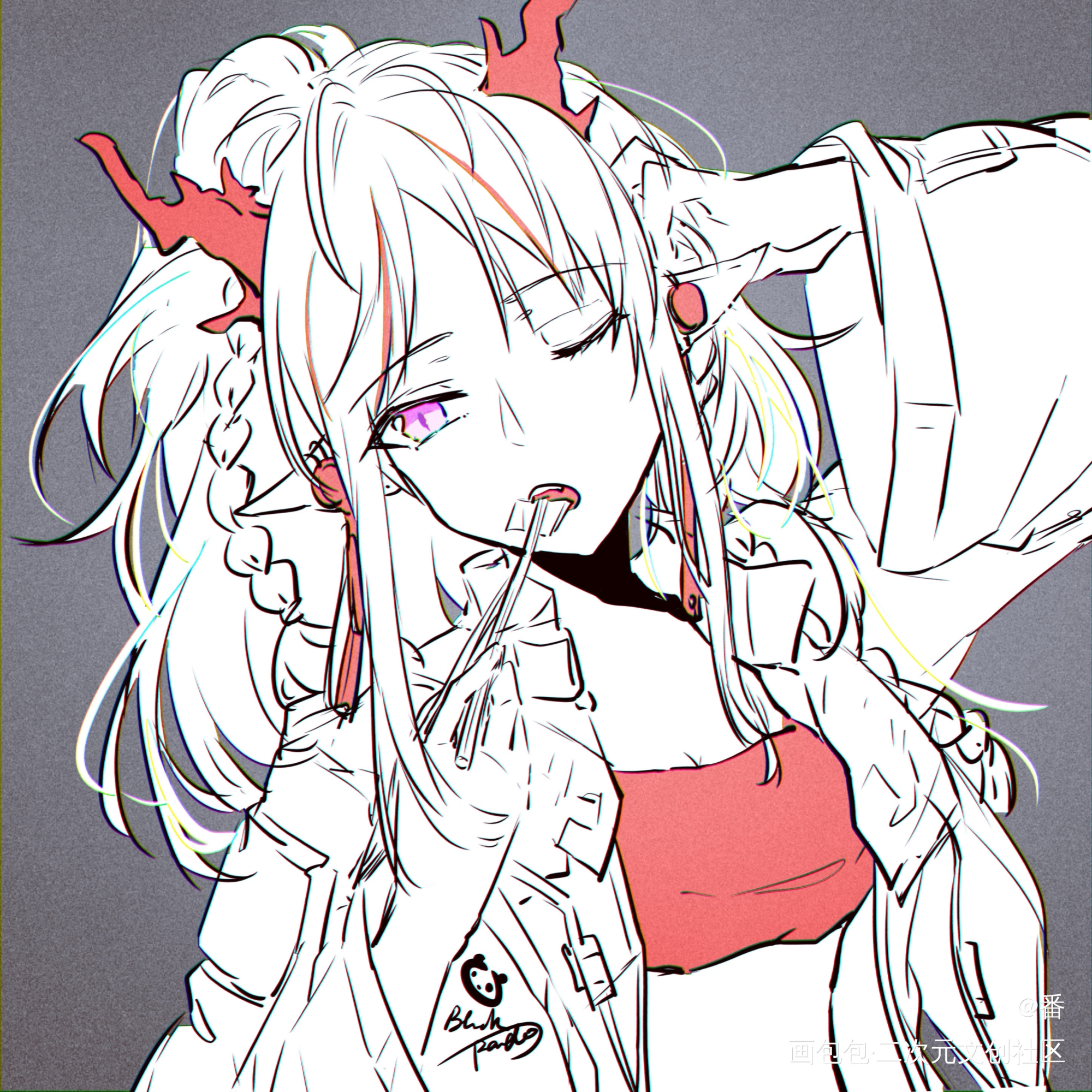 花椒要不要_明日方舟年线稿平涂日系抹胸角精灵耳头像插画绘画作品
