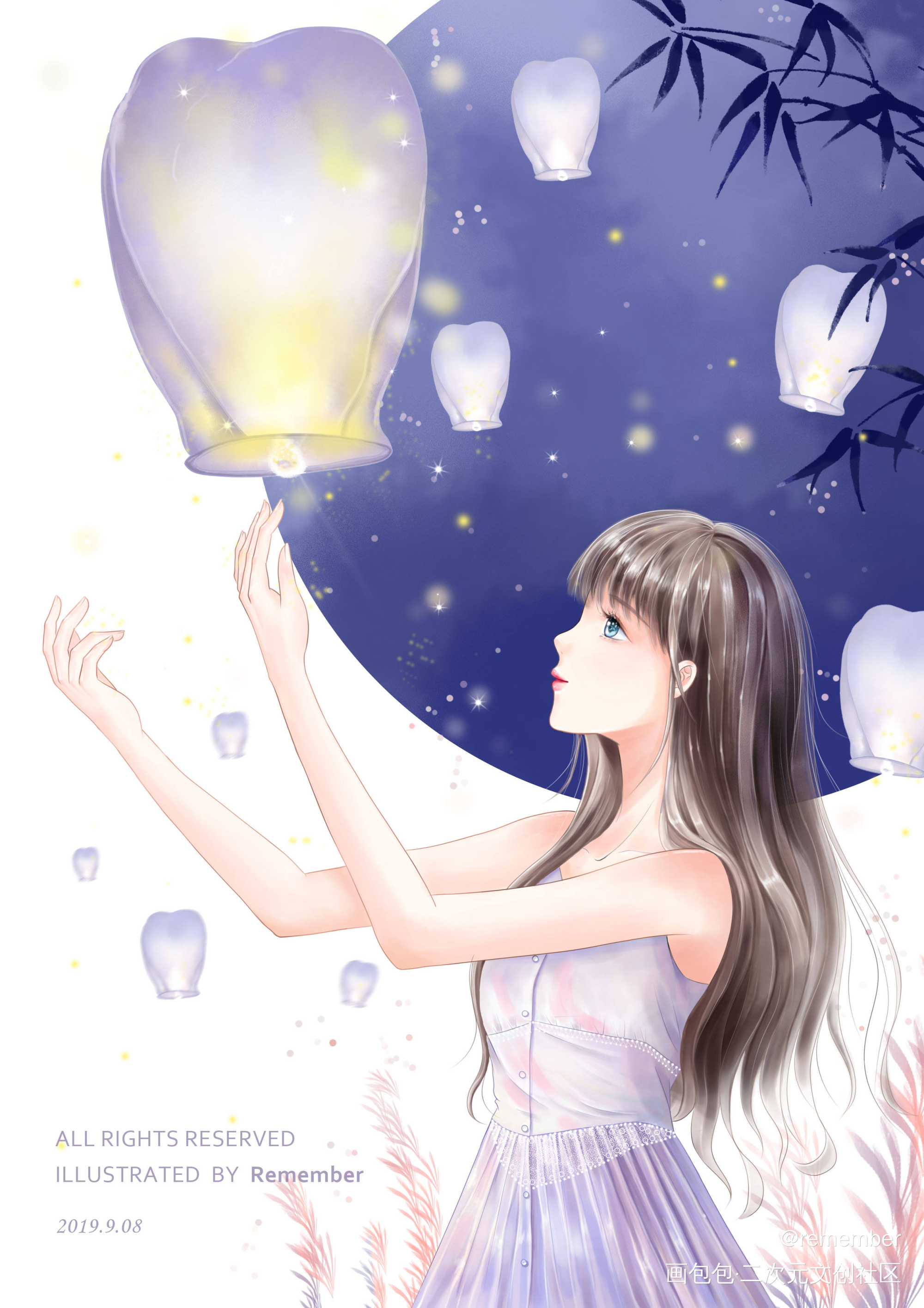 放孔明灯的少女_平涂日系我要上首推插画原创绘画作品