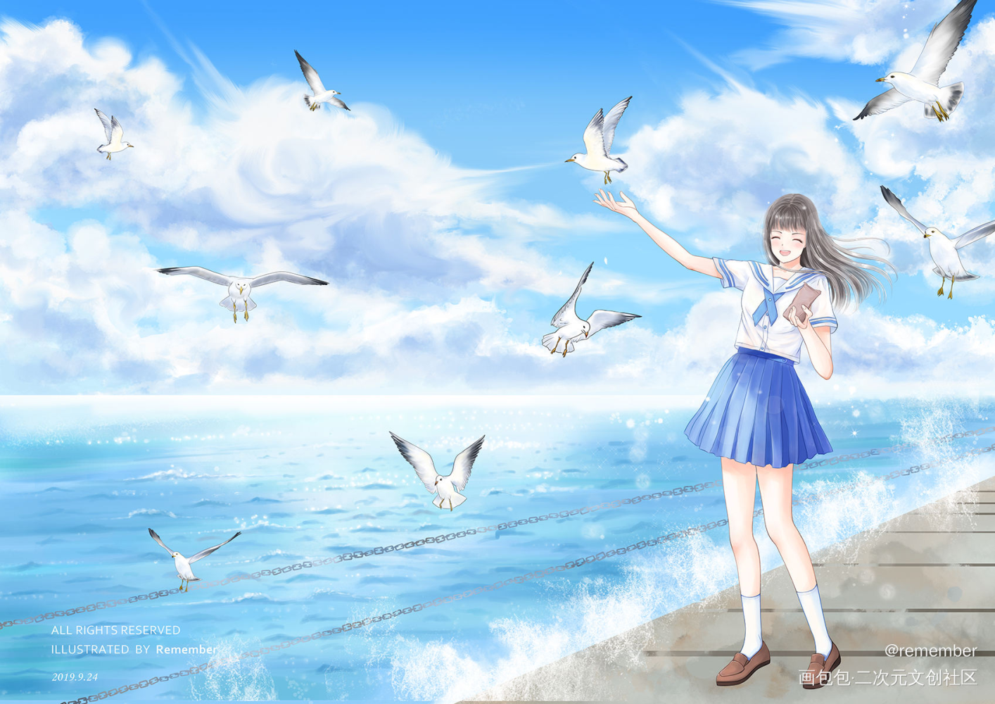 海鸥与少女_平涂日系我要上首推插画原创绘画作品