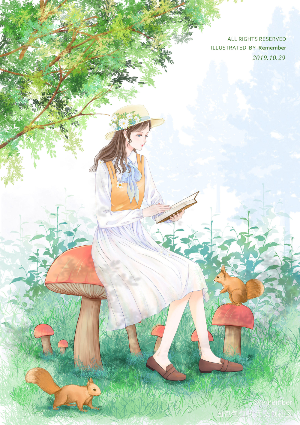 看书少女_平涂日系我要上首推插画原创绘画作品
