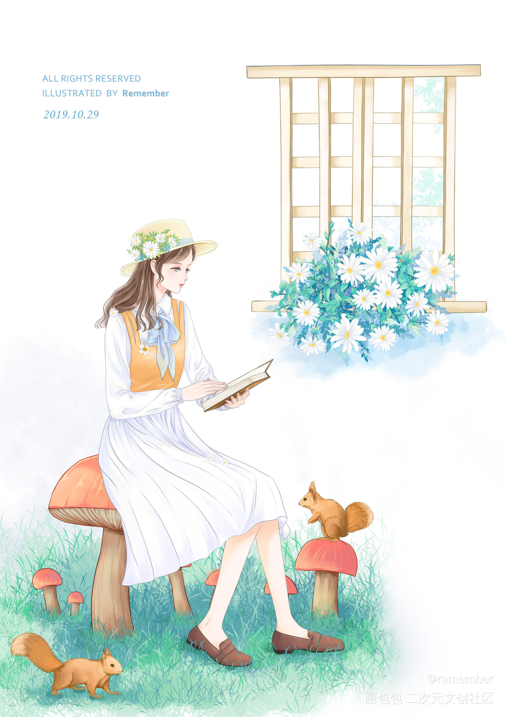 看书少女_平涂日系我要上首推插画原创绘画作品