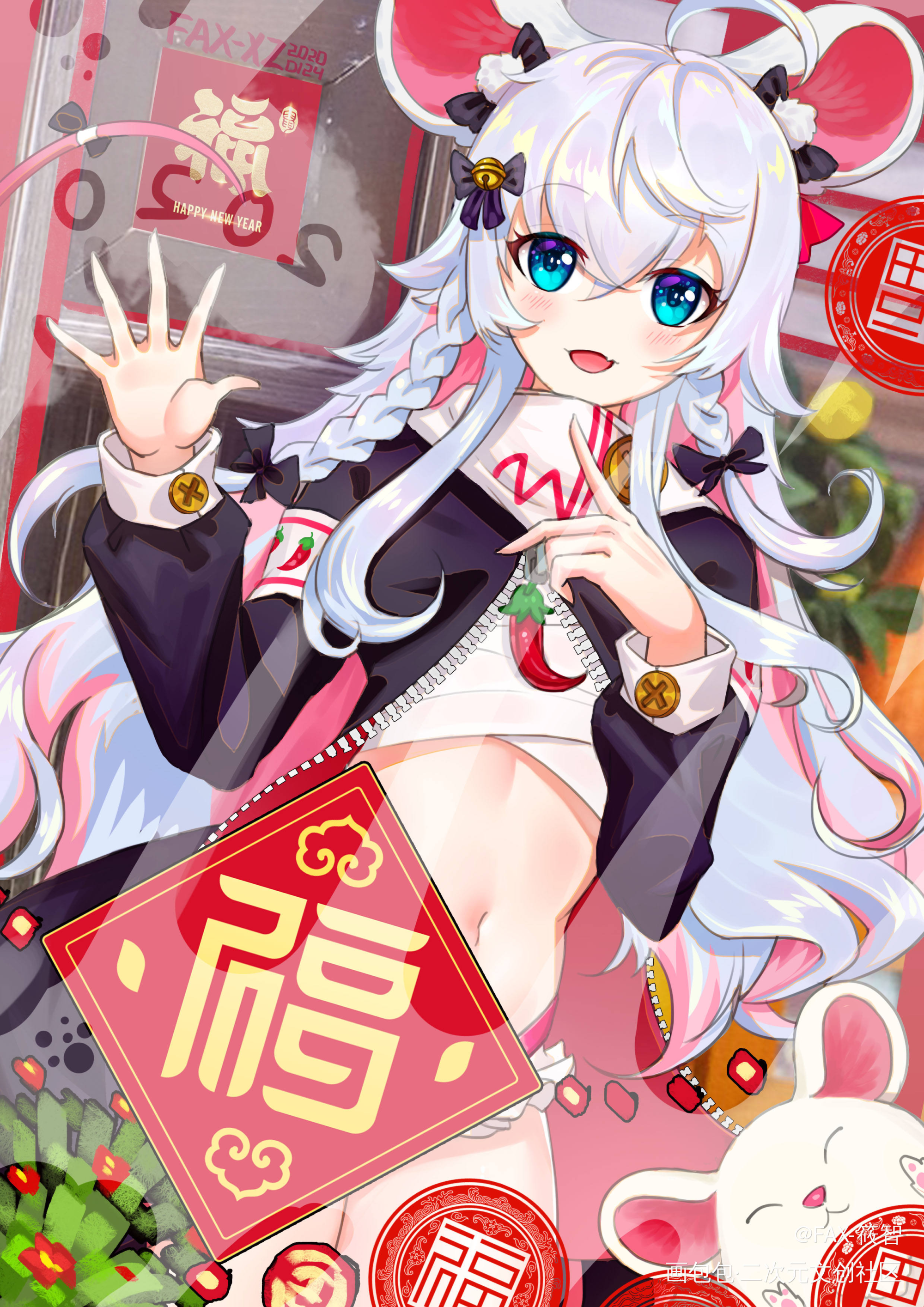 神楽七奈贺图_日系新春渐变发鼠麻花辫我要上首推少女贺图头像插画神楽七奈绘画作品