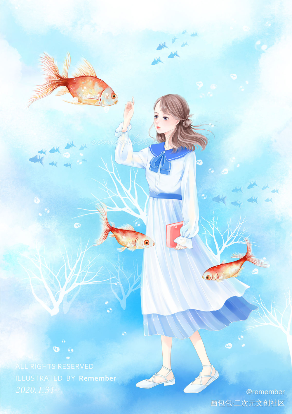 金鱼与少女_厚涂平涂日系我要上首推头像插画原创绘画作品