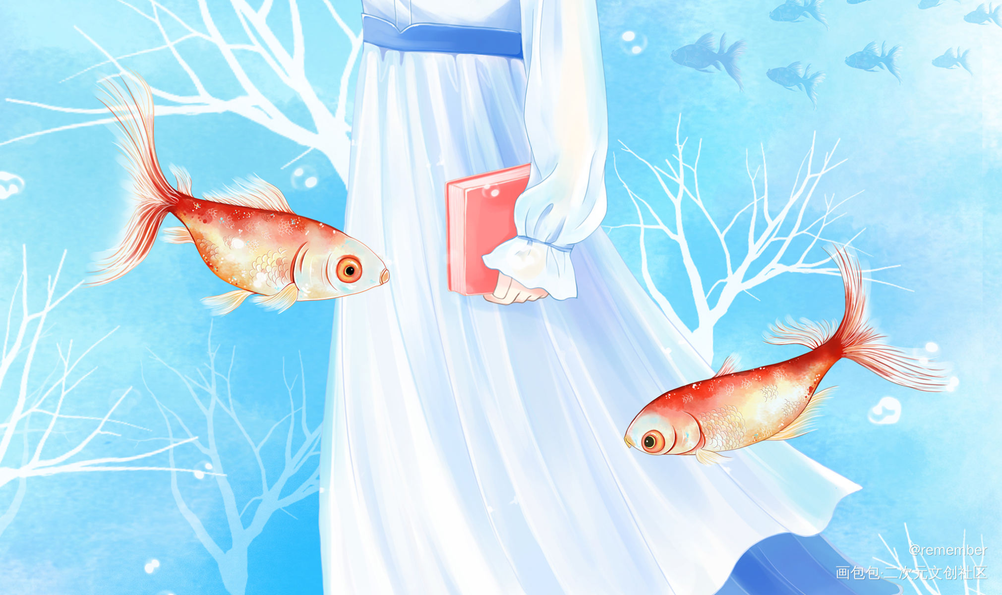 金鱼与少女_厚涂平涂日系我要上首推头像插画原创绘画作品