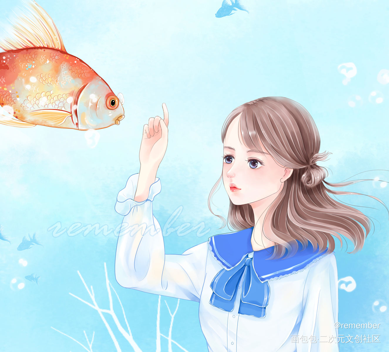 金鱼与少女_厚涂平涂日系我要上首推头像插画原创绘画作品