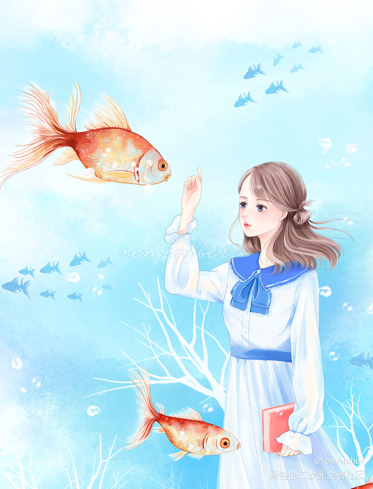 金鱼与少女_厚涂平涂日系我要上首推头像插画原创绘画作品