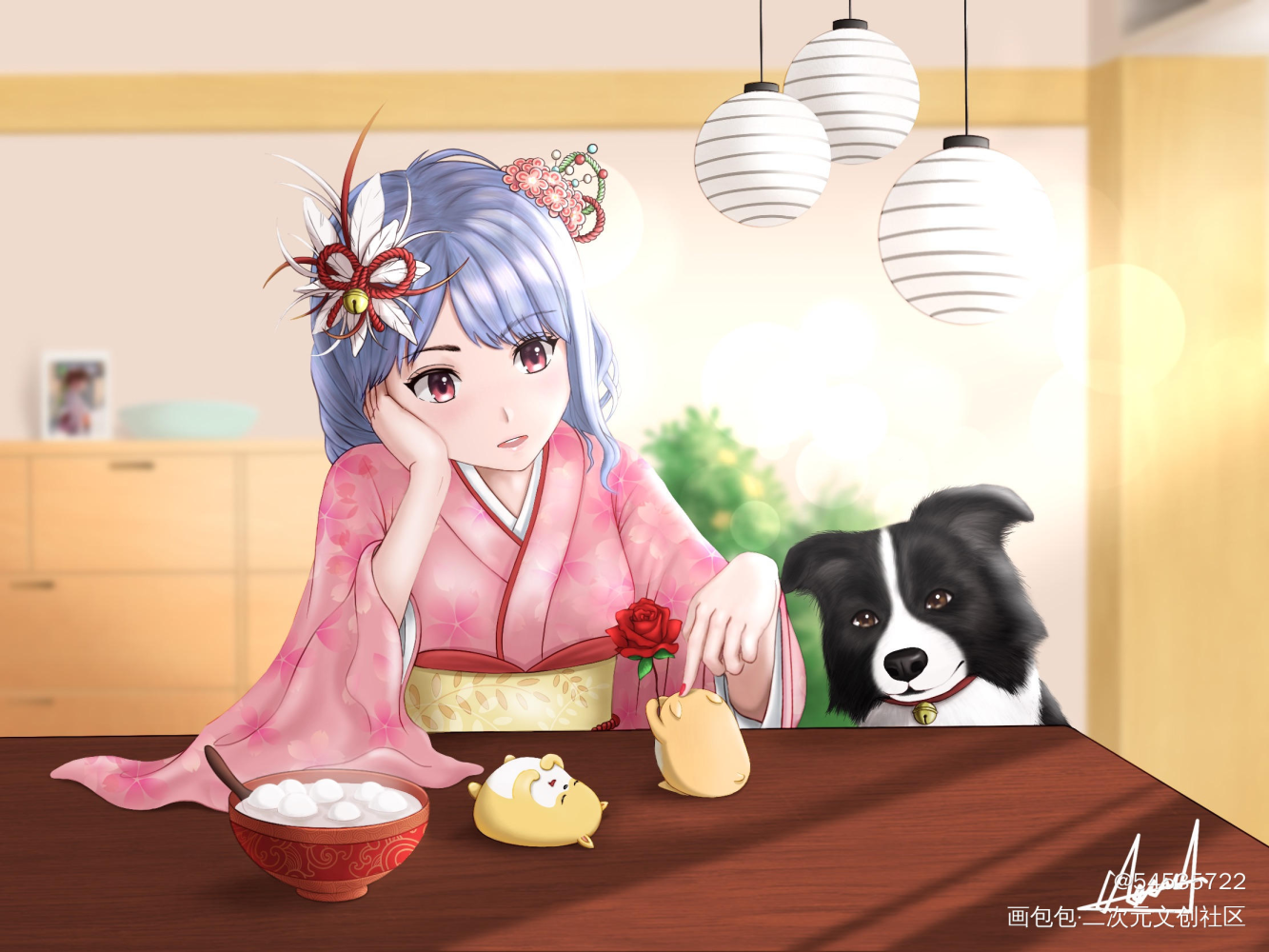 宅有所乐_厚涂日系红瞳汤圆仓鼠边牧和服少女元宵原创绘画作品