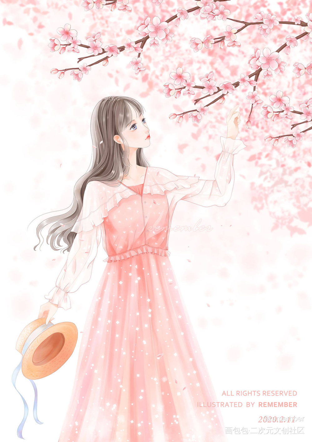 待到樱花烂漫时_厚涂平涂日系樱花粉色卷发少女插画绘画原创绘画作品