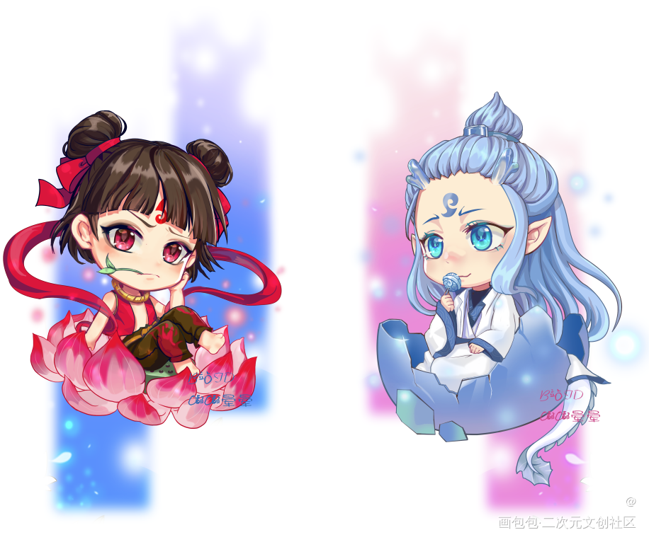 藕饼小Q_哪吒之魔童降世敖丙哪吒厚涂日系Q版头像插画绘画作品