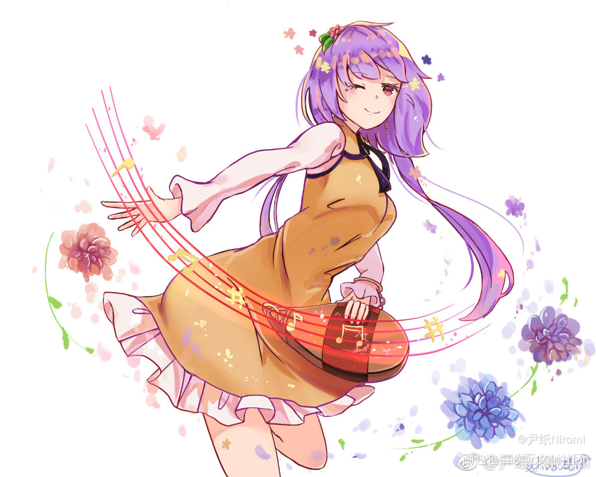 九十九弁々_东方project平涂日系音符低马尾少女头像插画绘画作品