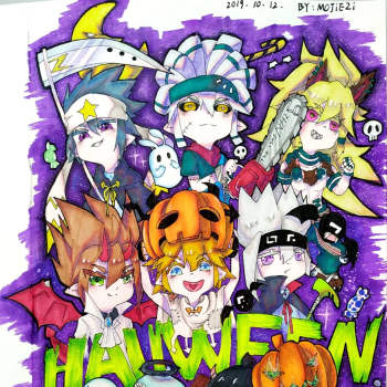 万圣夜_凹凸世界雷狮海盗团金格瑞凯莉安莉洁全员马克笔q版万圣节头像