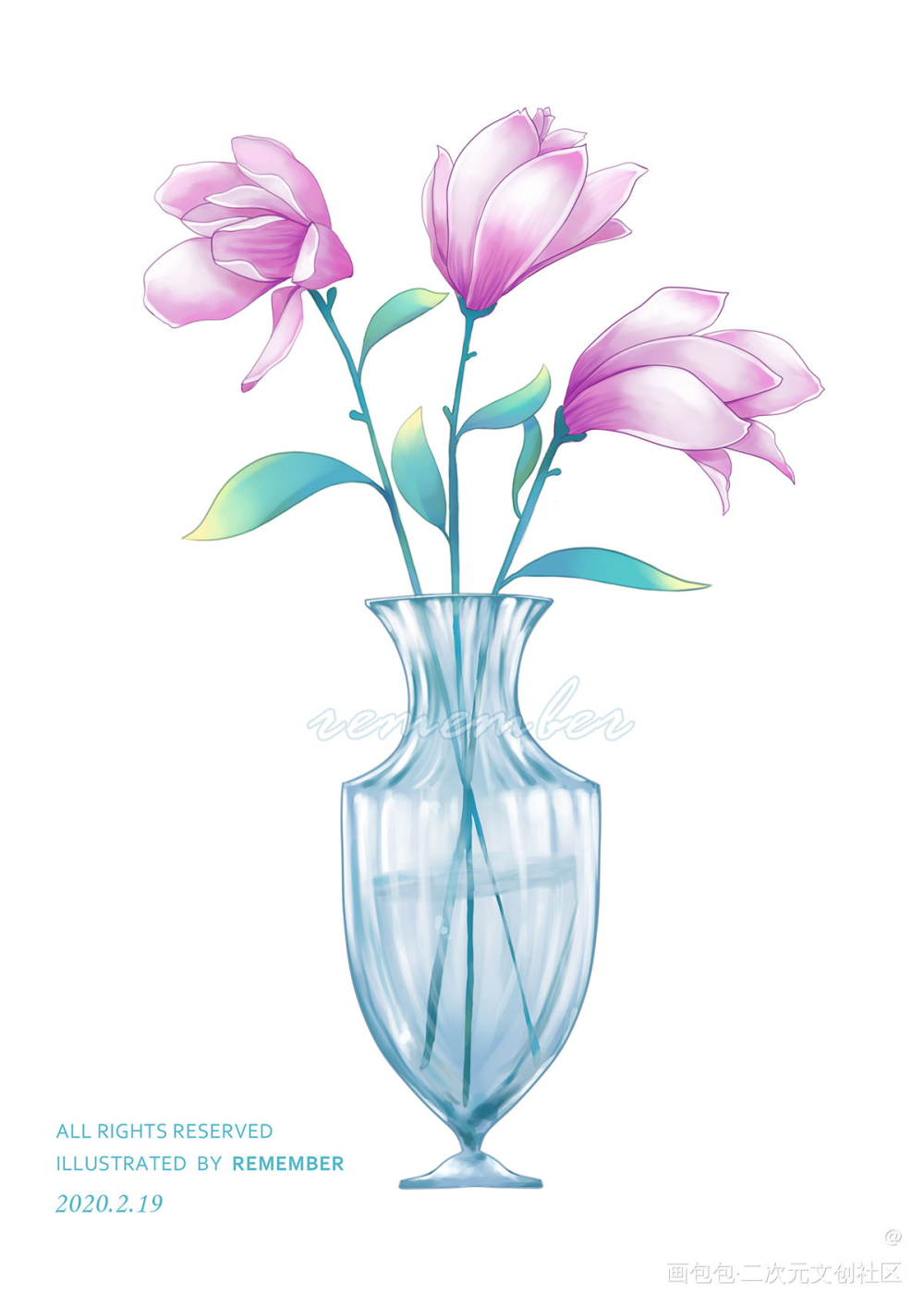 一个花瓶的小过程_厚涂平涂日系花绘花卉插画原创绘画作品