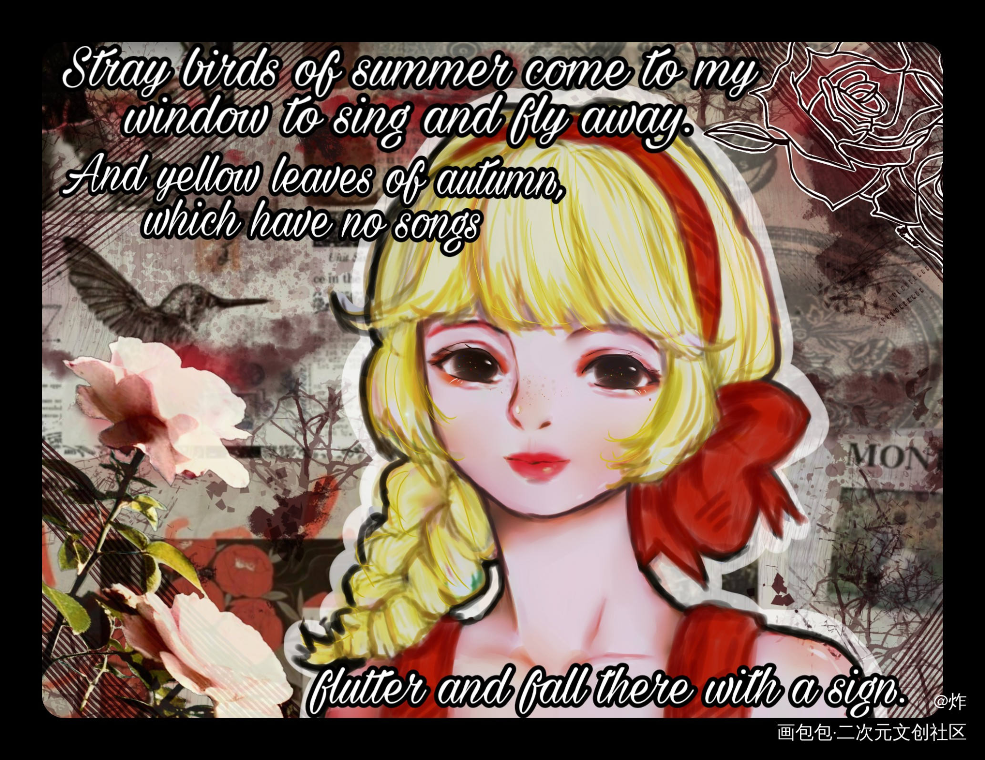 红发带•暗格裙•小雀斑_原创角色平涂金发麻花辫少女头像原创绘画作品