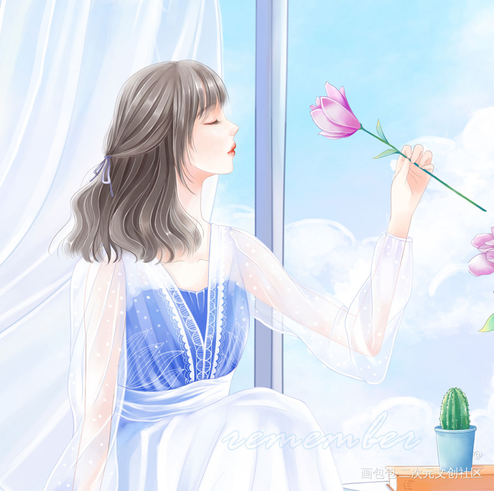 诠释浪漫_厚涂平涂日系浅色系少女插画原创绘画作品