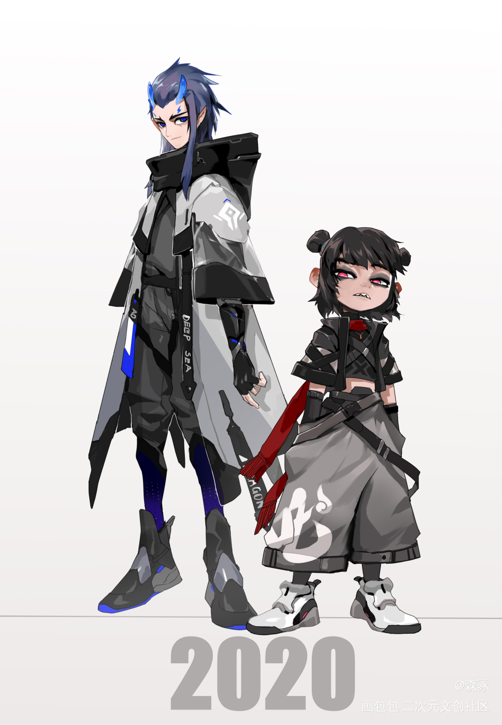 哪吒&敖丙_哪吒之魔童降世原创角色敖丙哪吒日系私服潮流服装设计头像绘画作品