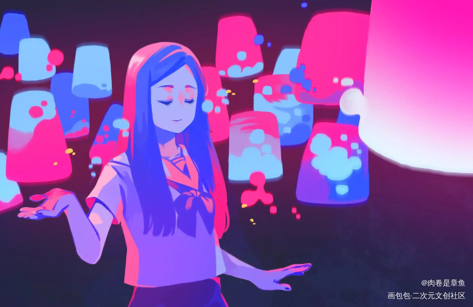 安静和彩色光圈_安静轻松场景感学生制服少女头像原创绘画作品