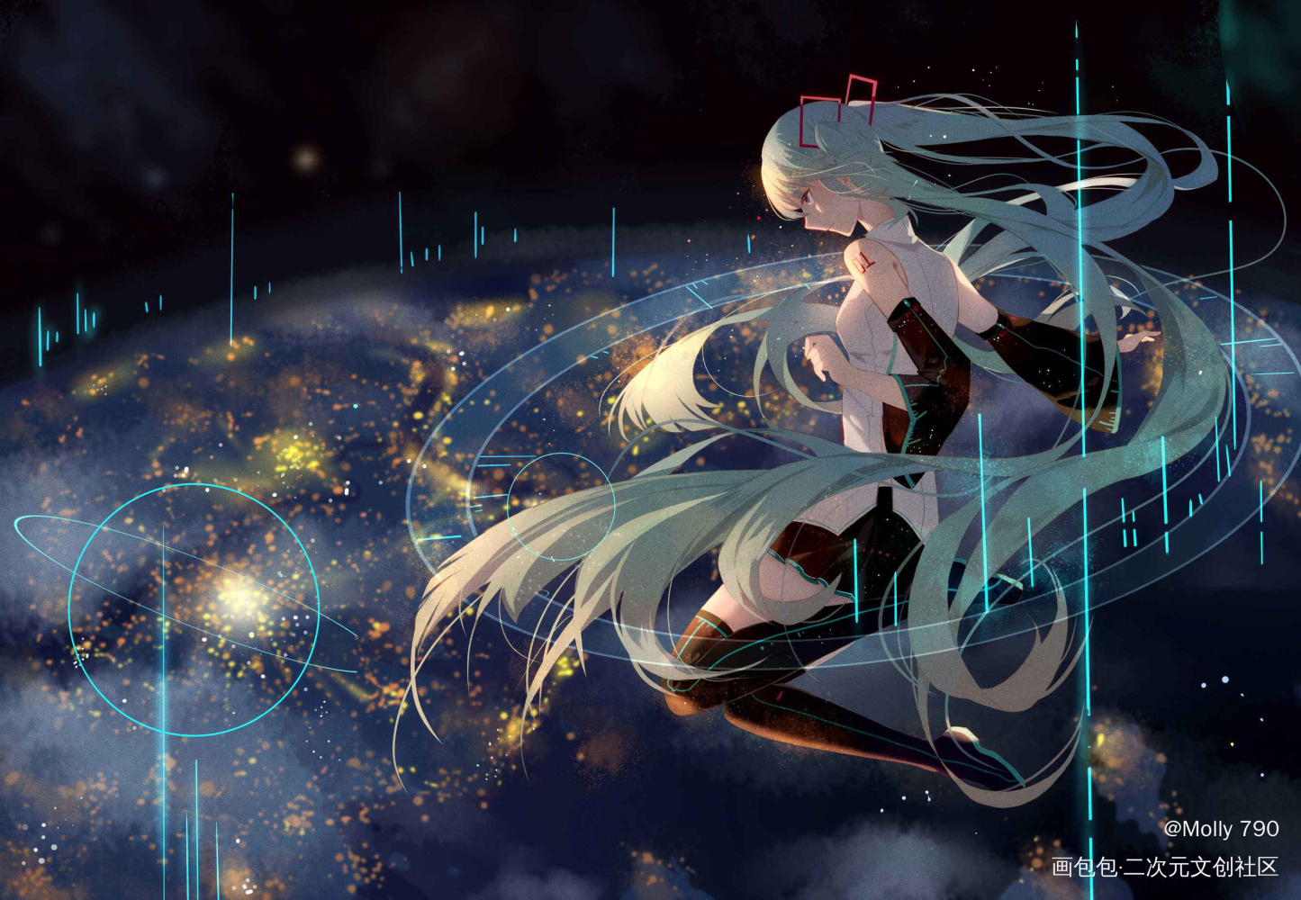 初音未来_VOCALOID初音未来背景平涂日系我要上首推插画星空壁纸绘画作品