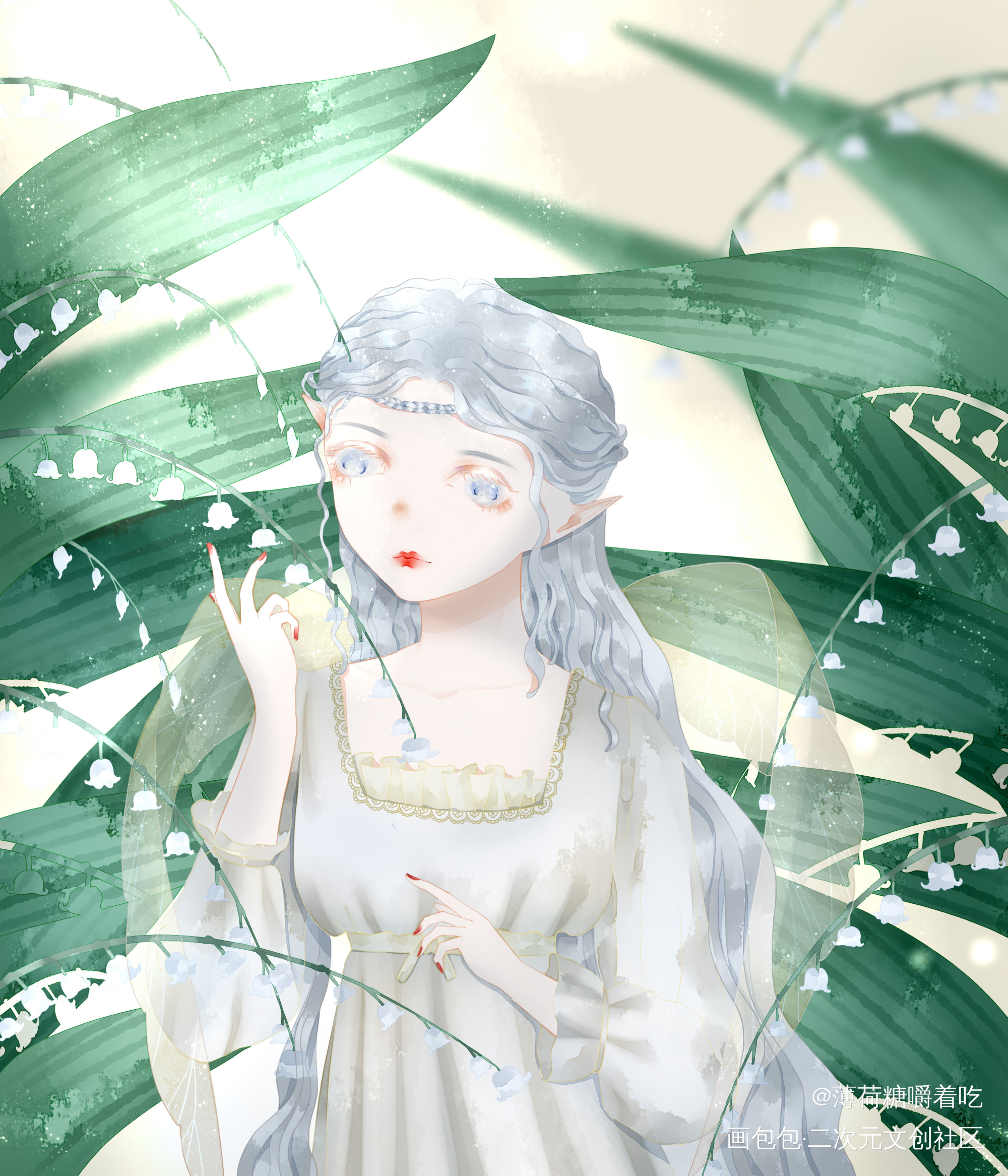 铃兰_铃兰平涂花卉少女原创绘画作品