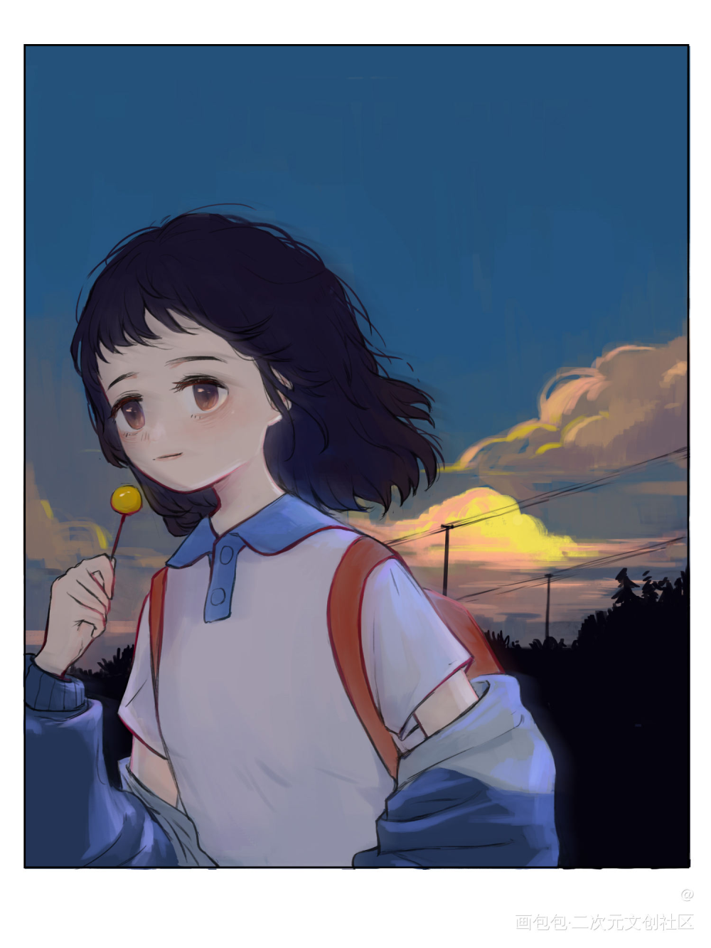 晚归_校服夕阳少女花菌绘画作品