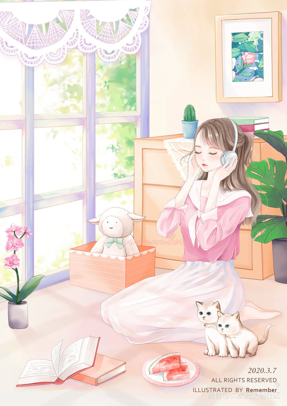 听音乐_厚涂平涂日系音乐清新少女插画原创绘画作品