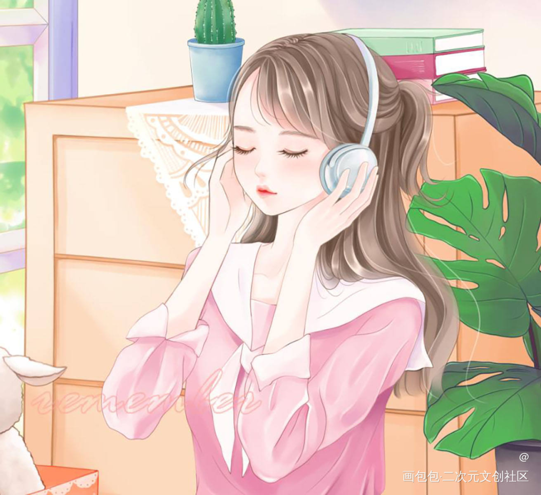 听音乐_厚涂平涂日系音乐清新少女插画原创绘画作品