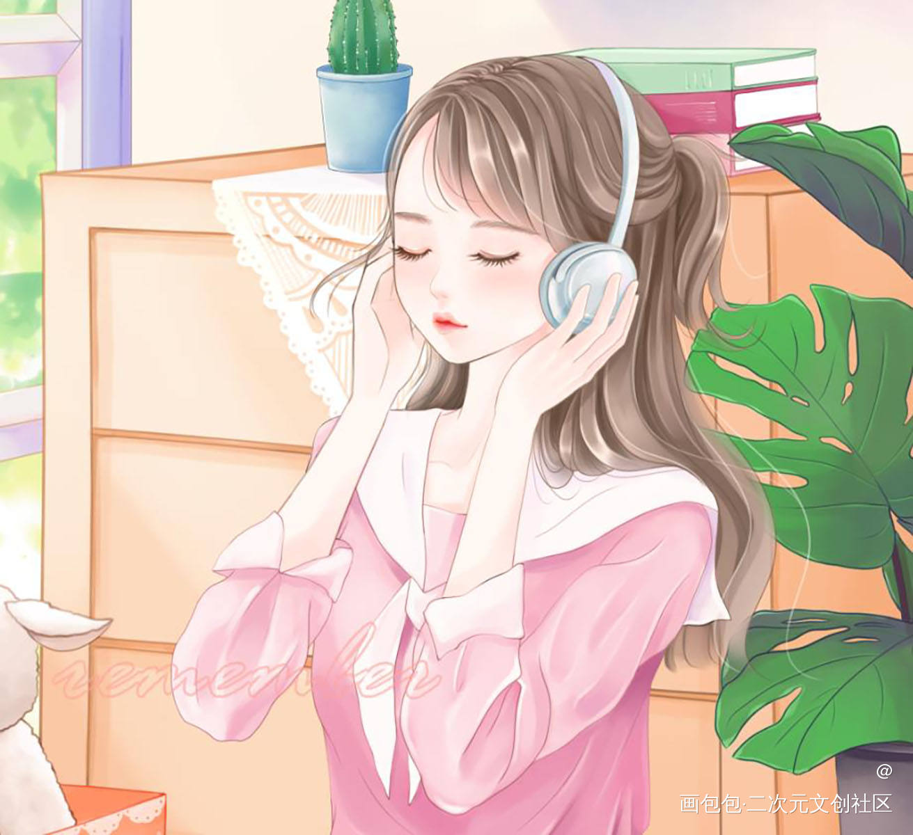 听音乐_厚涂平涂日系音乐清新少女插画原创绘画作品