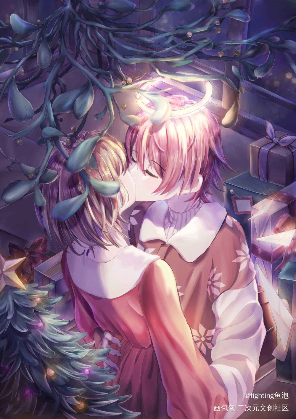 能博♀注意_明日方舟原创女博能天使厚涂圣诞节头像插画绘画作品