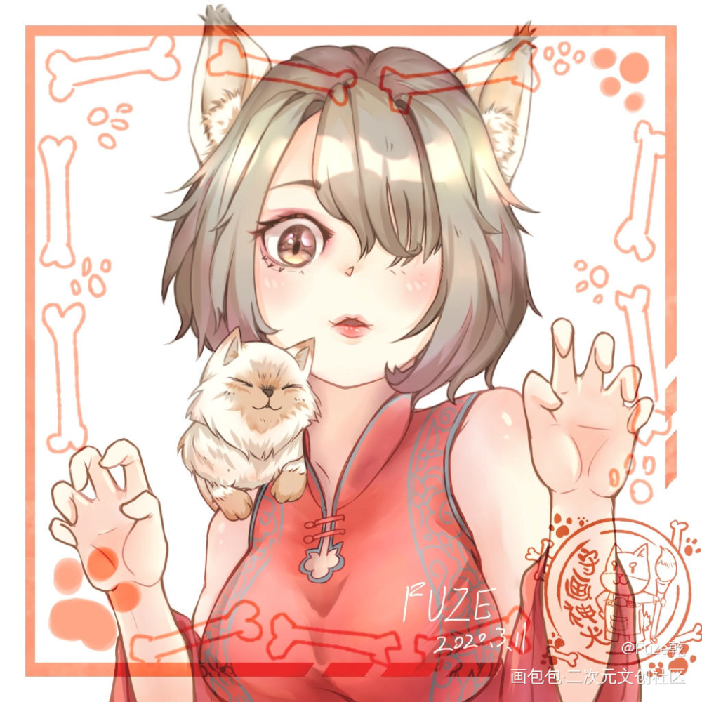 旗袍小猫娘_日系原创绘画作品