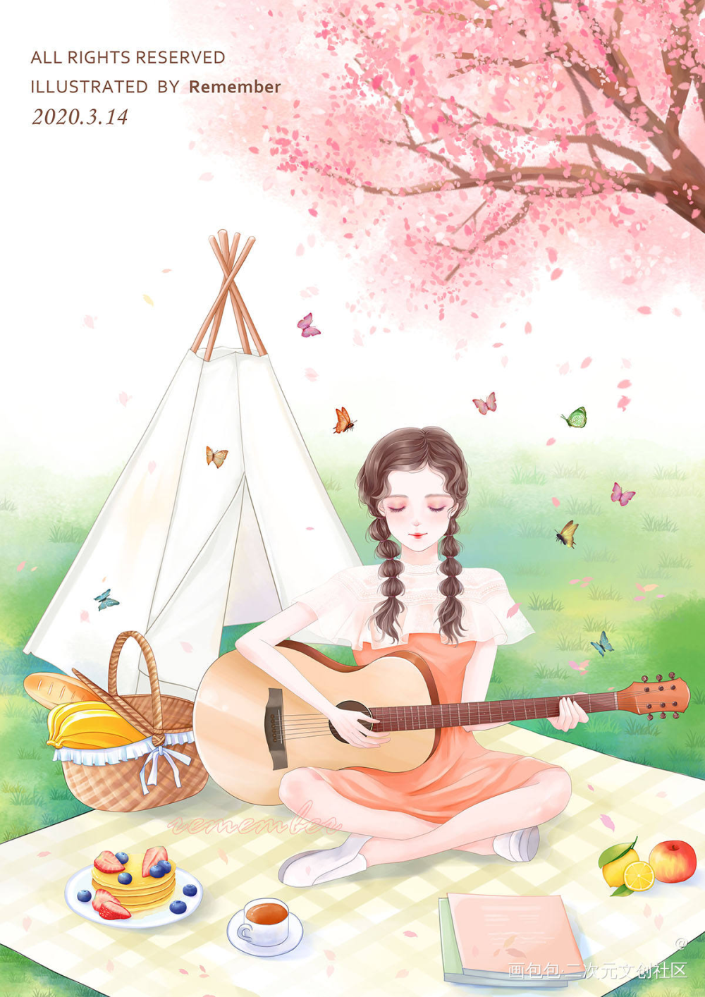 樱花盛开的季节，我们一起等待_厚涂平涂日系插画原创绘画作品