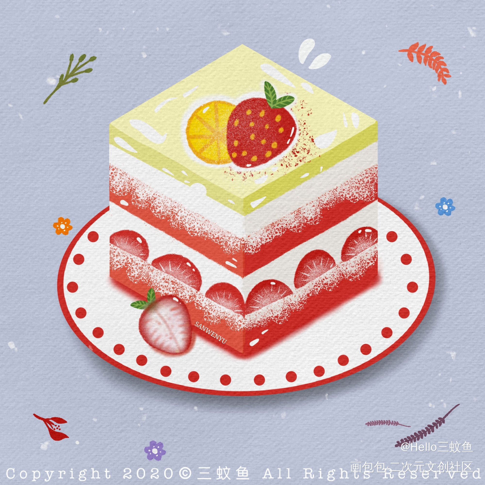 没有谁能抗拒得了甜品～_平涂蛋糕草莓插画甜品小清新绘画作品
