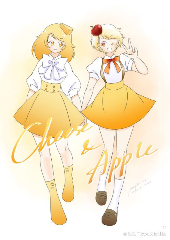 苹果芝士恰巴塔拟人_原创角色立绘平涂日系拟人服装设计人设少女周边设计原创人物原创绘画作品