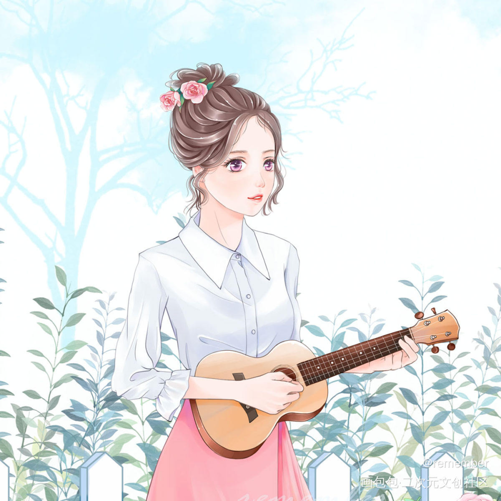 弹尤克里里_厚涂平涂日系插画原创绘画作品