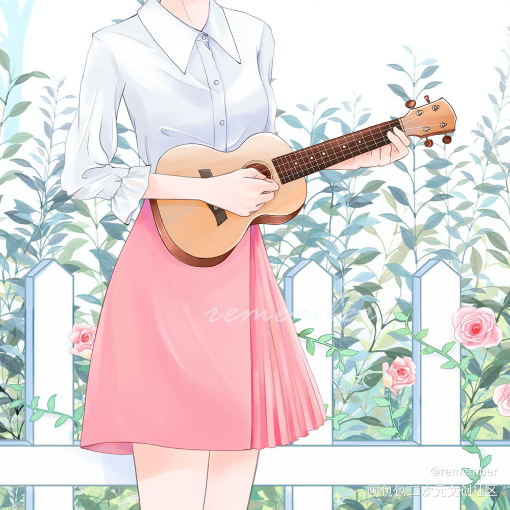 弹尤克里里_厚涂平涂日系插画原创绘画作品