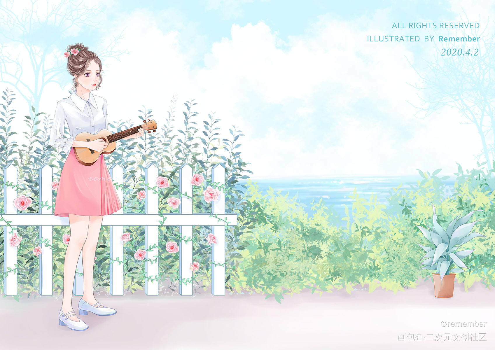弹尤克里里_厚涂平涂日系插画原创绘画作品