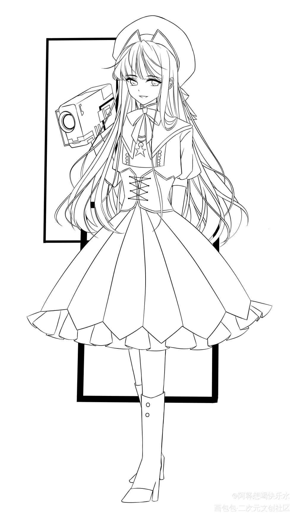 大道寺知世_百变小樱魔卡少女樱大道寺知世线稿黑白魔幻单人制服笑容蝴蝶结贝雷帽少女百变小樱魔术卡绘画作品