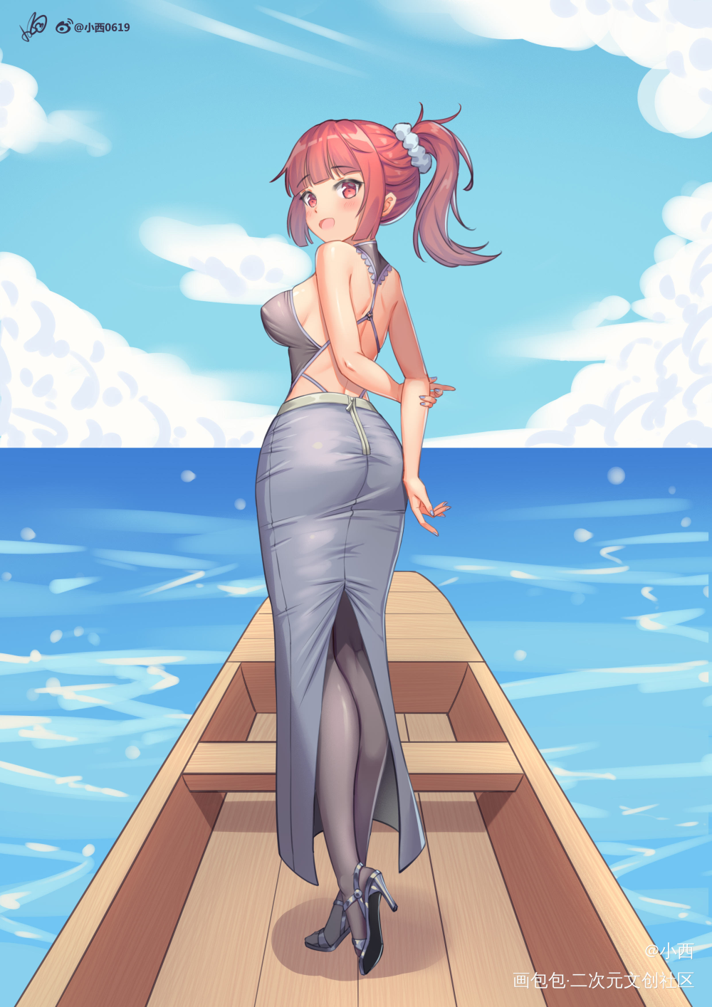 女孩子1_立绘海洋蓝色系黑丝巨乳单马尾我要上首推少女插画原创绘画