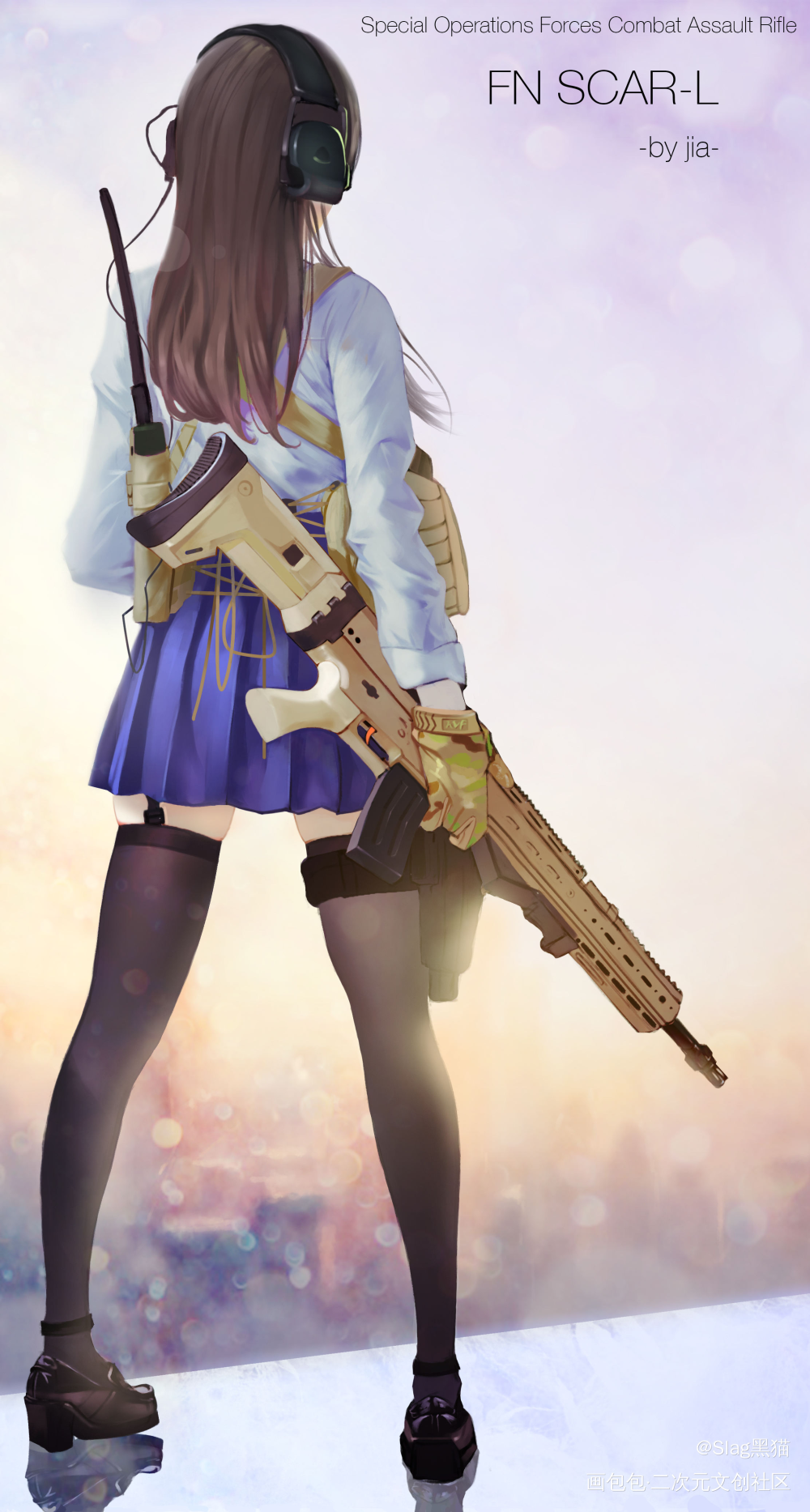 SCAR枪娘_黑色背面游戏同人唯美单人枪械制服长发少女个人作品绘画作品