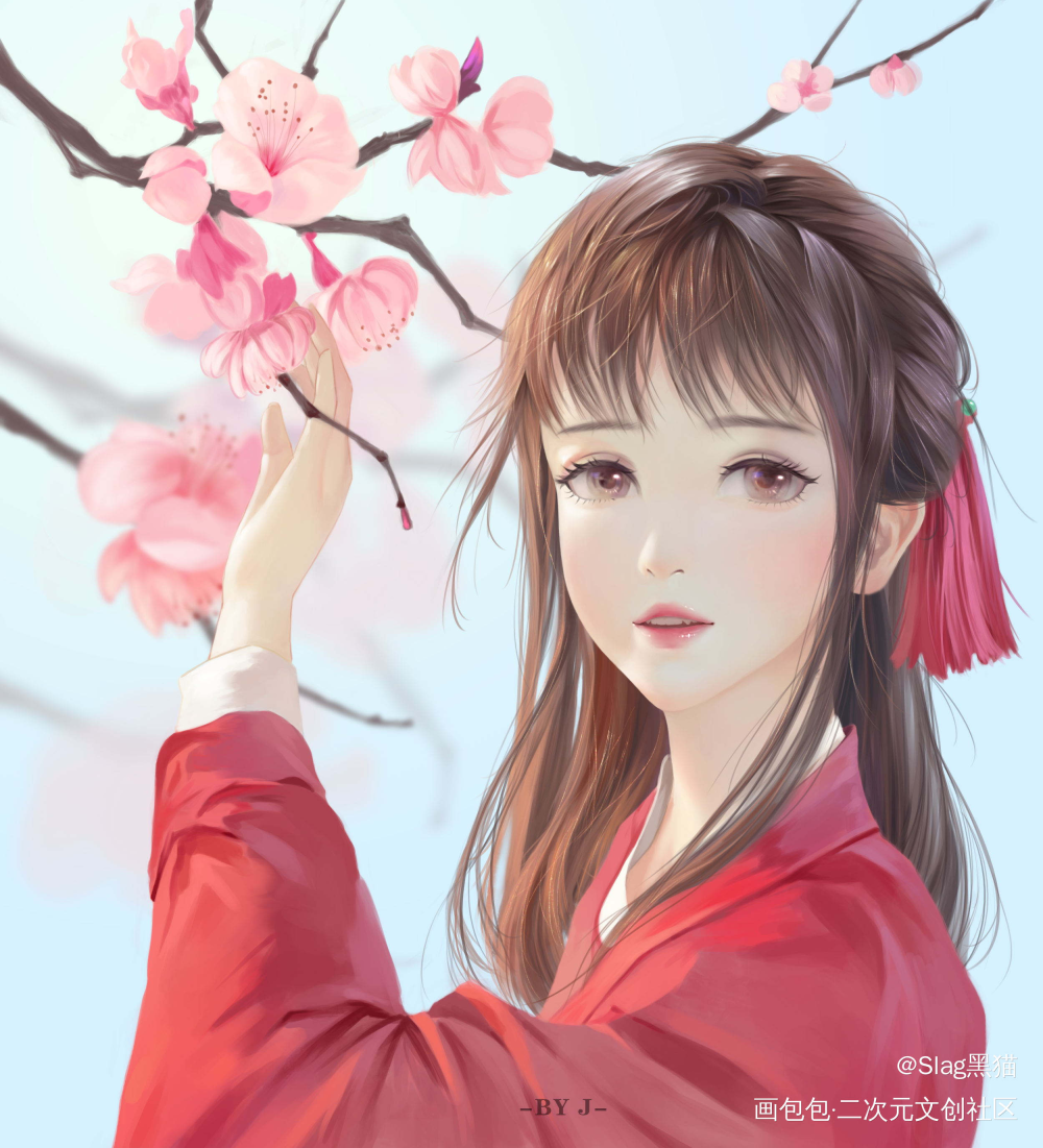 花姬_厚涂桃花红色系唯美现代单人正面微笑大头少女原创绘画作品