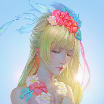 祈祷_光厚涂花朵唯美单人闭眼头饰蓝色系半身金发长发原创绘画作品