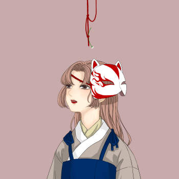 原创平涂狐狸面具仰视唯美单人和风半身巫女长发少女绘画作品
