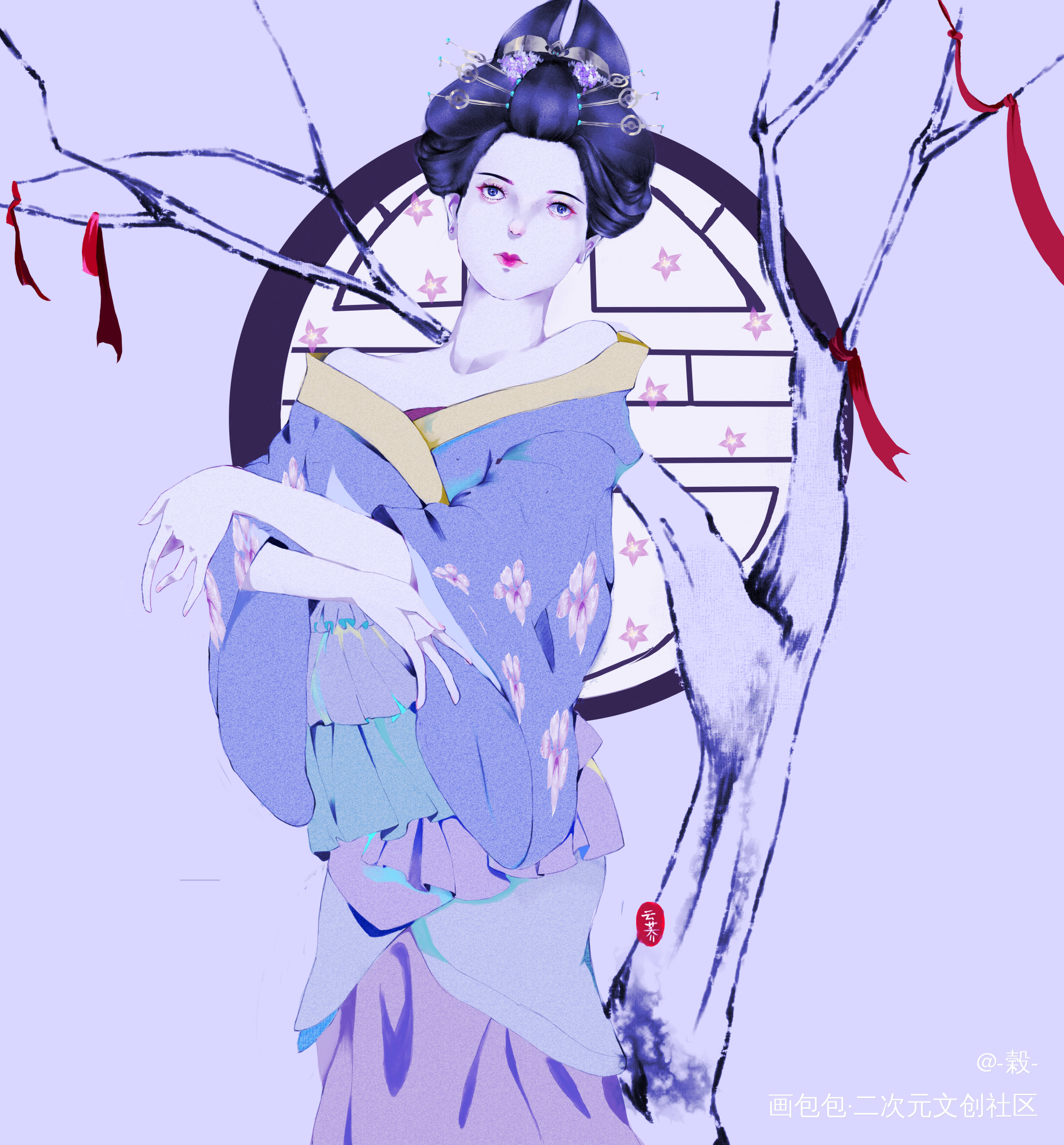 蝴蝶夫人_平涂日系插画蝴蝶夫人绘画作品