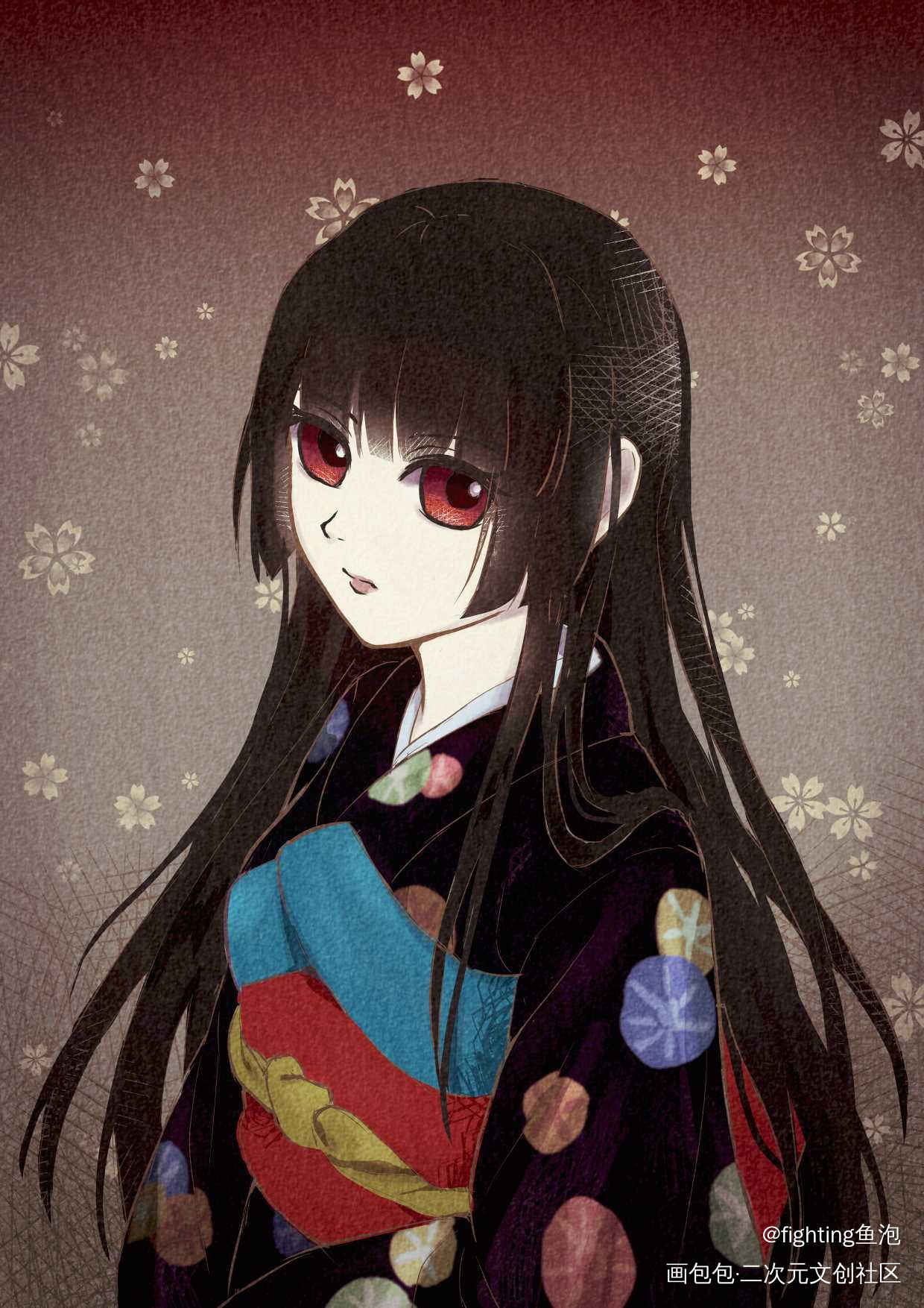 阎魔爱——仿怪化猫画风_地狱少女阎魔爱平涂日系头像插画绘画作品