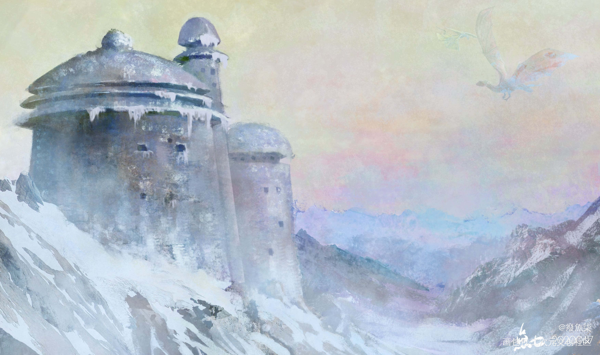 堡垒_厚涂雪山唯美魔幻天空蓝色系雪场景我要上首推堡垒半原创绘画作品