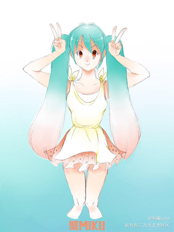 蟹miku_VOCALOID初音未来初音平涂日系少女头像插画初音miku绘画作品